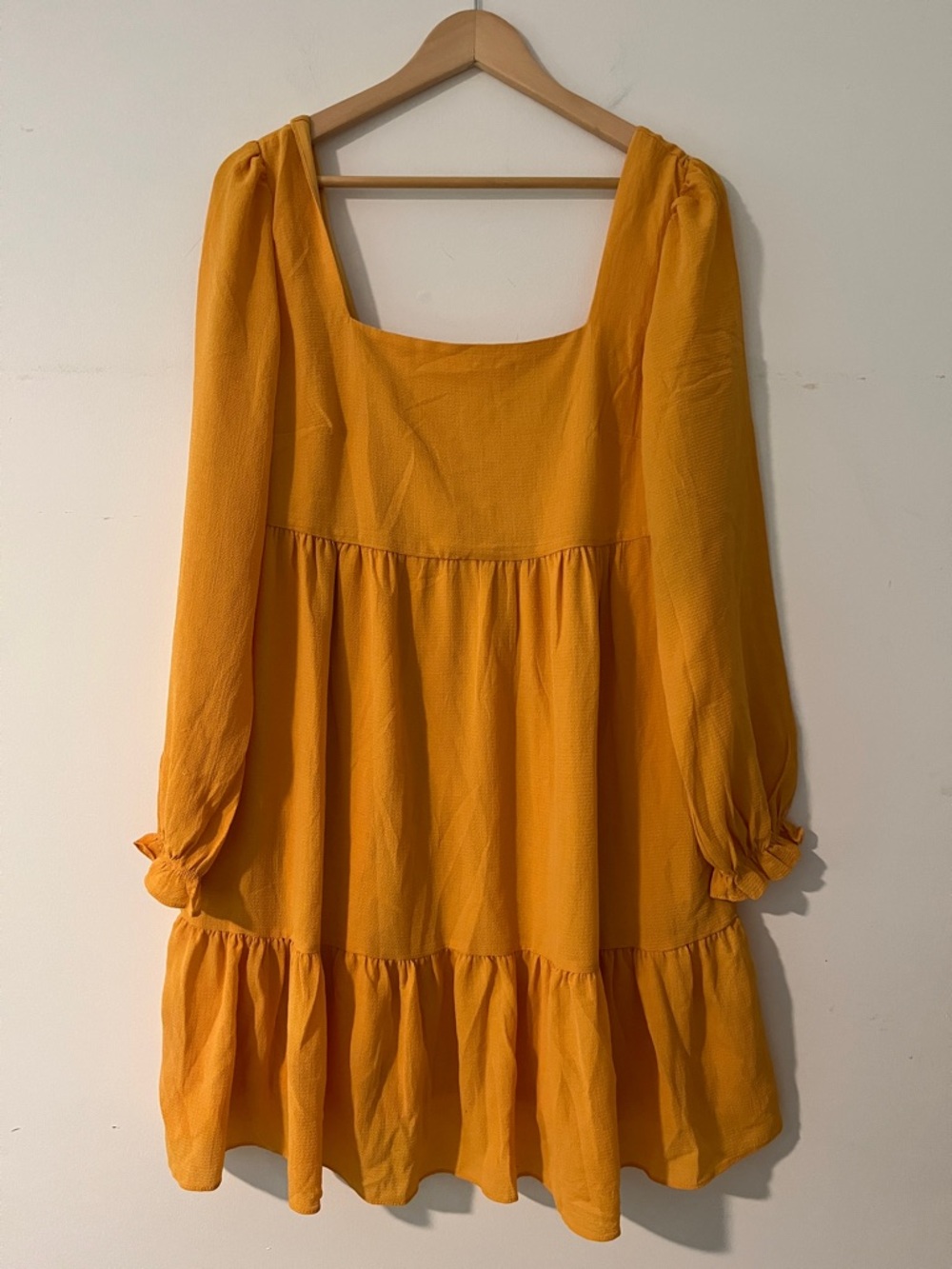 BCBG Paris long sleeve mini square neck Golden Mustard Tiered Mini Dress